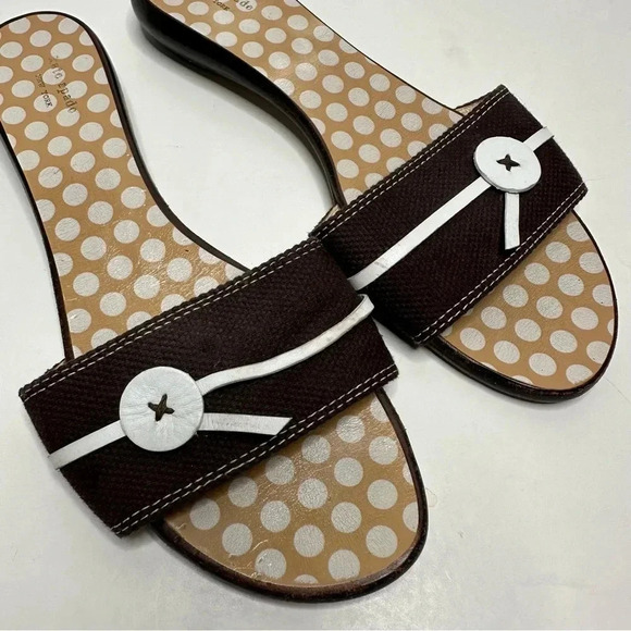 KATE SPADE Toby Brown Button Slides Polka Dot Canvas Leather Sandals Size 10 - Picture 2 of 10
